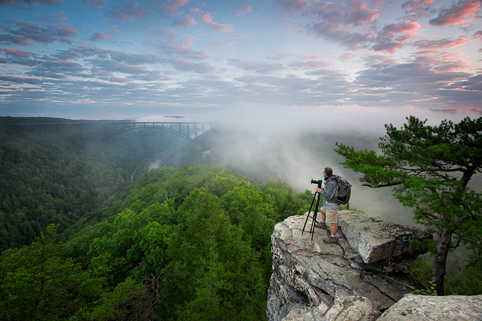 West Virginia, New River Gorge, National Forest, Scenic, Bridge, New River Gorge Bridge, Portrait, Sunrise, Person, Foggy Morning...