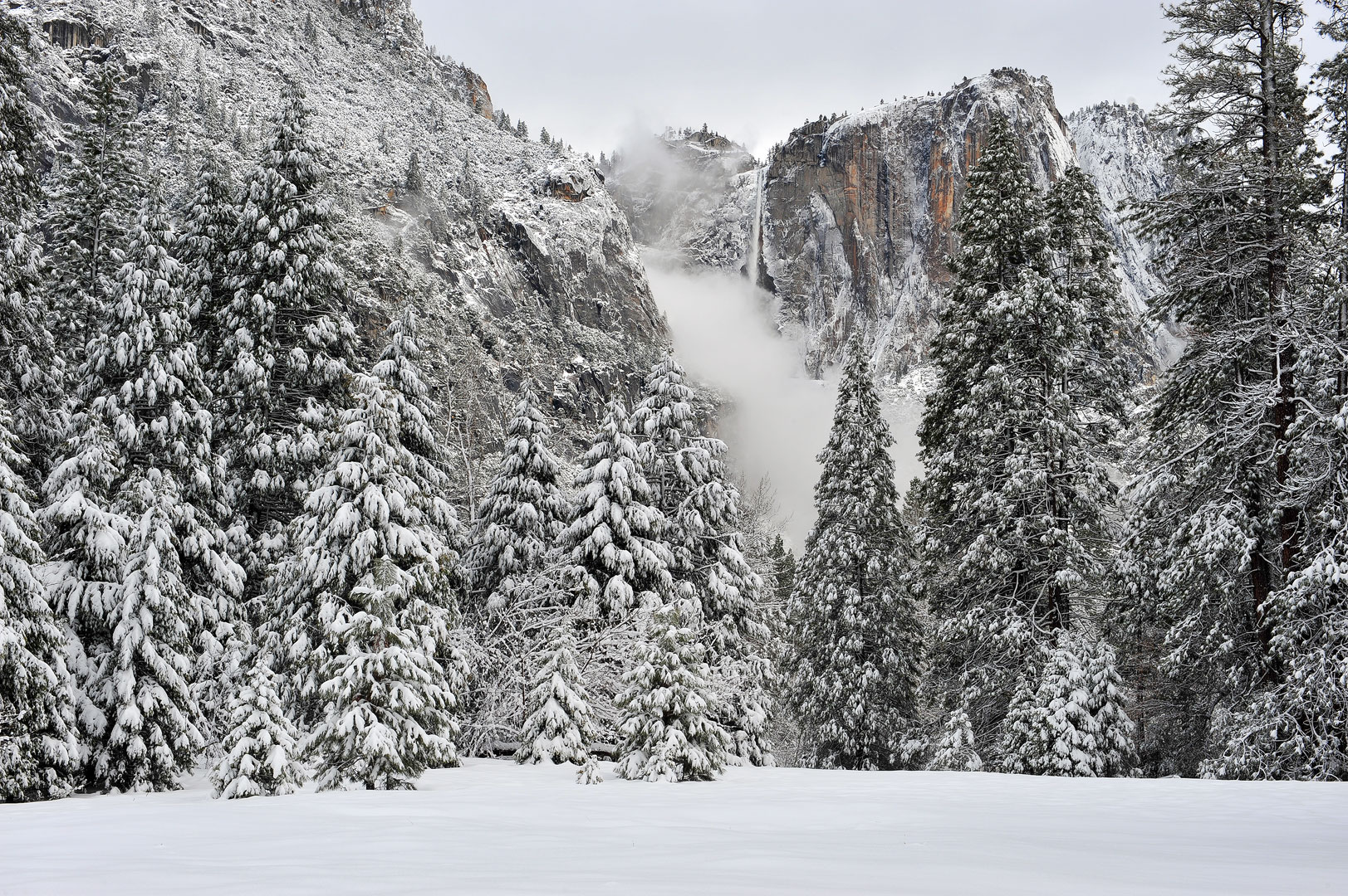 Yosemite, National Park, California, Winter, Landscape, Snow, Mountains, Waterfalls, Rivers, Vista, Iconic, Bridalveil Fall...