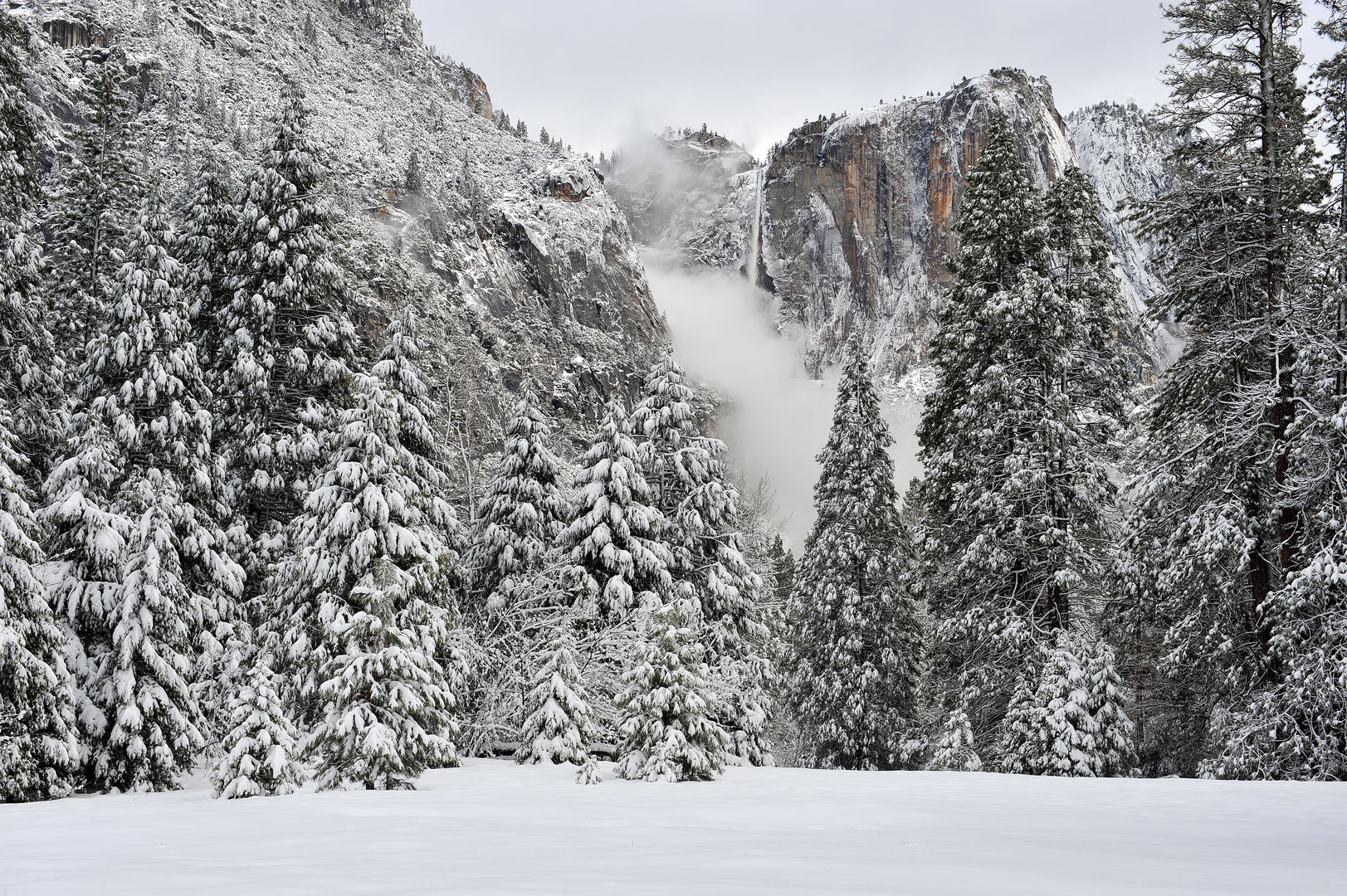 Yosemite, National Park, California, Winter, Landscape, Snow, Mountains, Waterfalls, Rivers, Vista, Iconic, Bridalveil Fall...